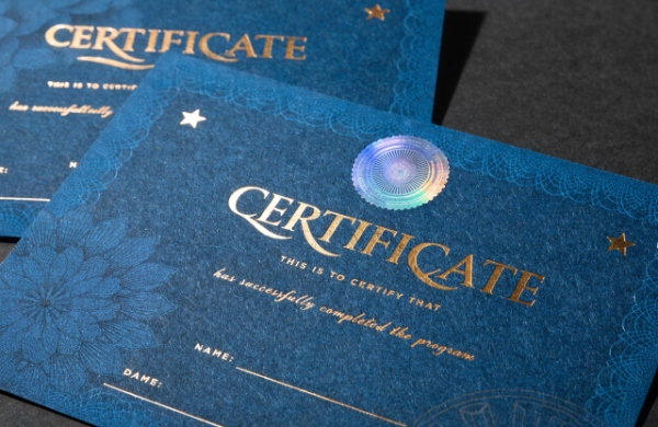 A secure certificate with a hologram and special paper