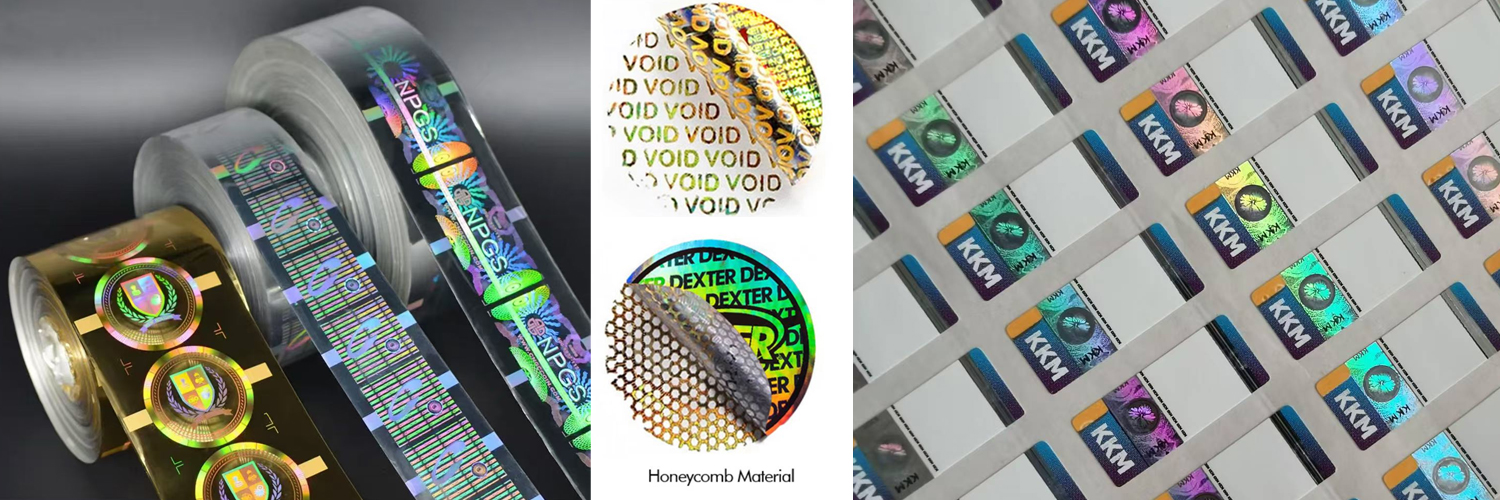 Grid layout showing different security label types with close-up details of security features
