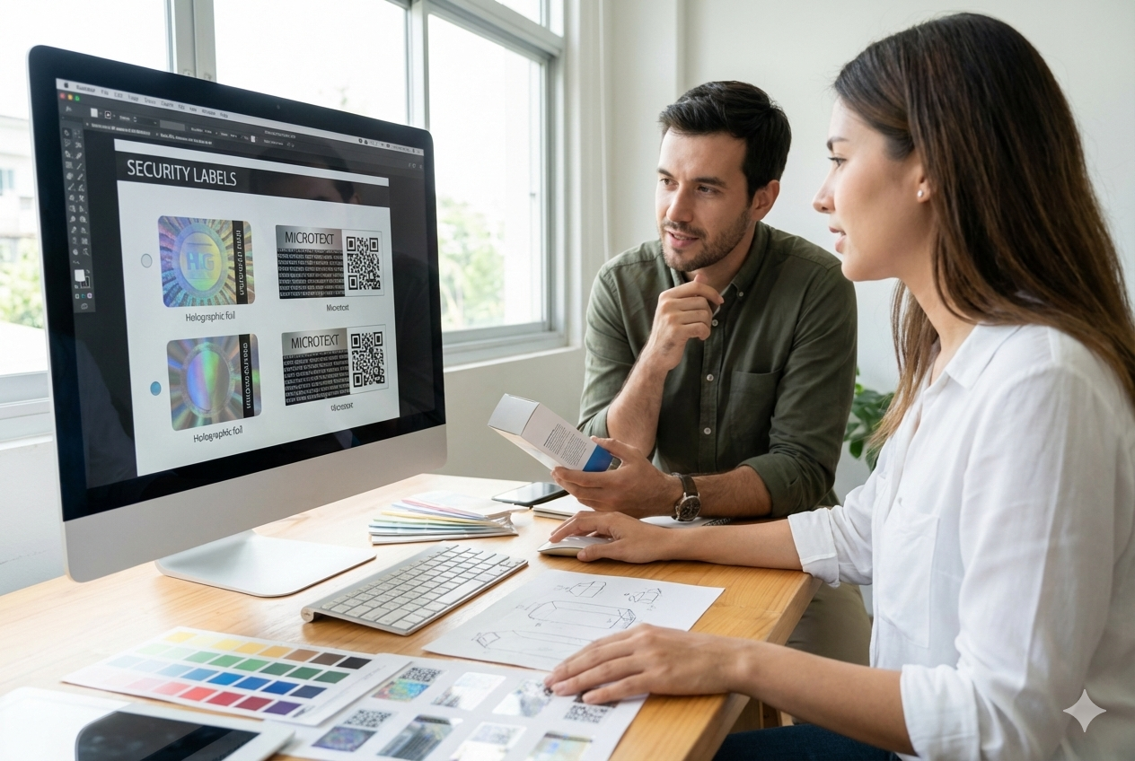A person visually inspecting a label before scanning it with a phone.
