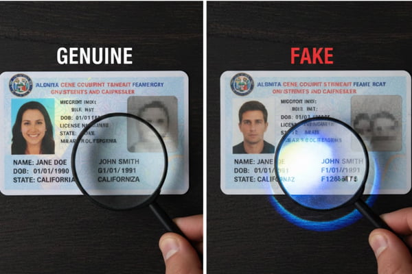 Comparison of a genuine vs fake ID card