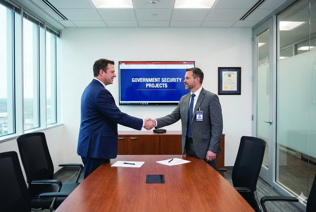 A client shaking hands with a security printing expert in a meeting room