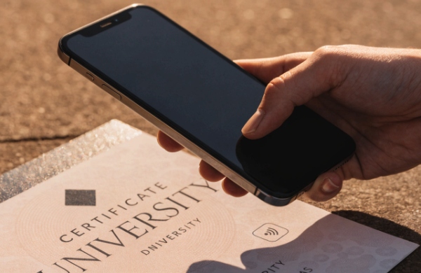 A smartphone tapping an NFC-enabled smart certificate