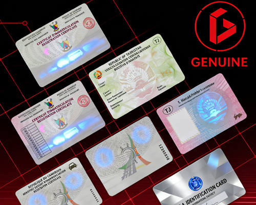 A polycarbonate ID card under UV light showing fluorescent security features