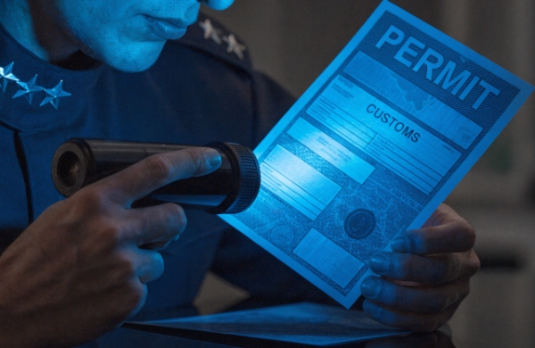 A customs officer using a UV lamp to inspect a permit