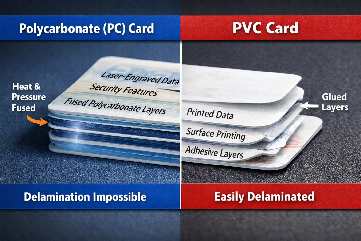 An illustration comparing the layered structure of a PC card versus a PVC card