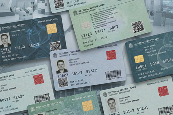 Secure National Identity Documents A collage of secure ID cards, voter cards, and social security cards