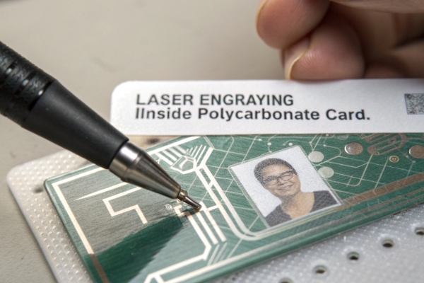 A magnified view of laser engraving inside a polycarbonate card