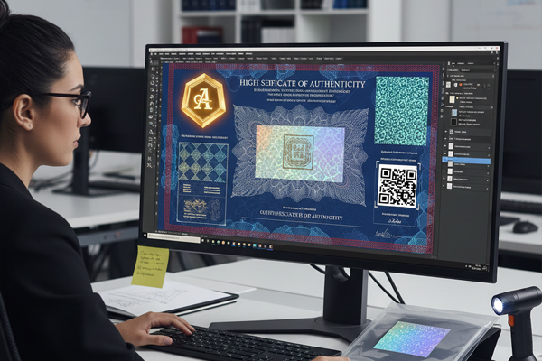 Custom Security Design Process A designer at a computer creating a custom security layout for a certificate.
