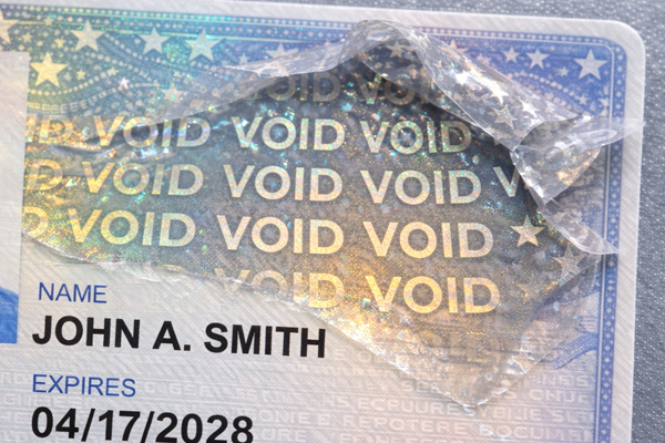 An ID card showing a tamper-evident VOID pattern