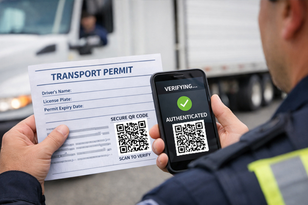 A law enforcement officer scanning a vehicle's QR code label with a smartphone